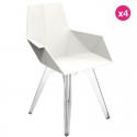 Set of 4 White Vondom Faz Chairs with transparent legs and armrests