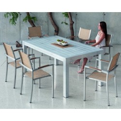 Set dining table and 6 armchairs Camellia natural aluminum with textile straw fabrics